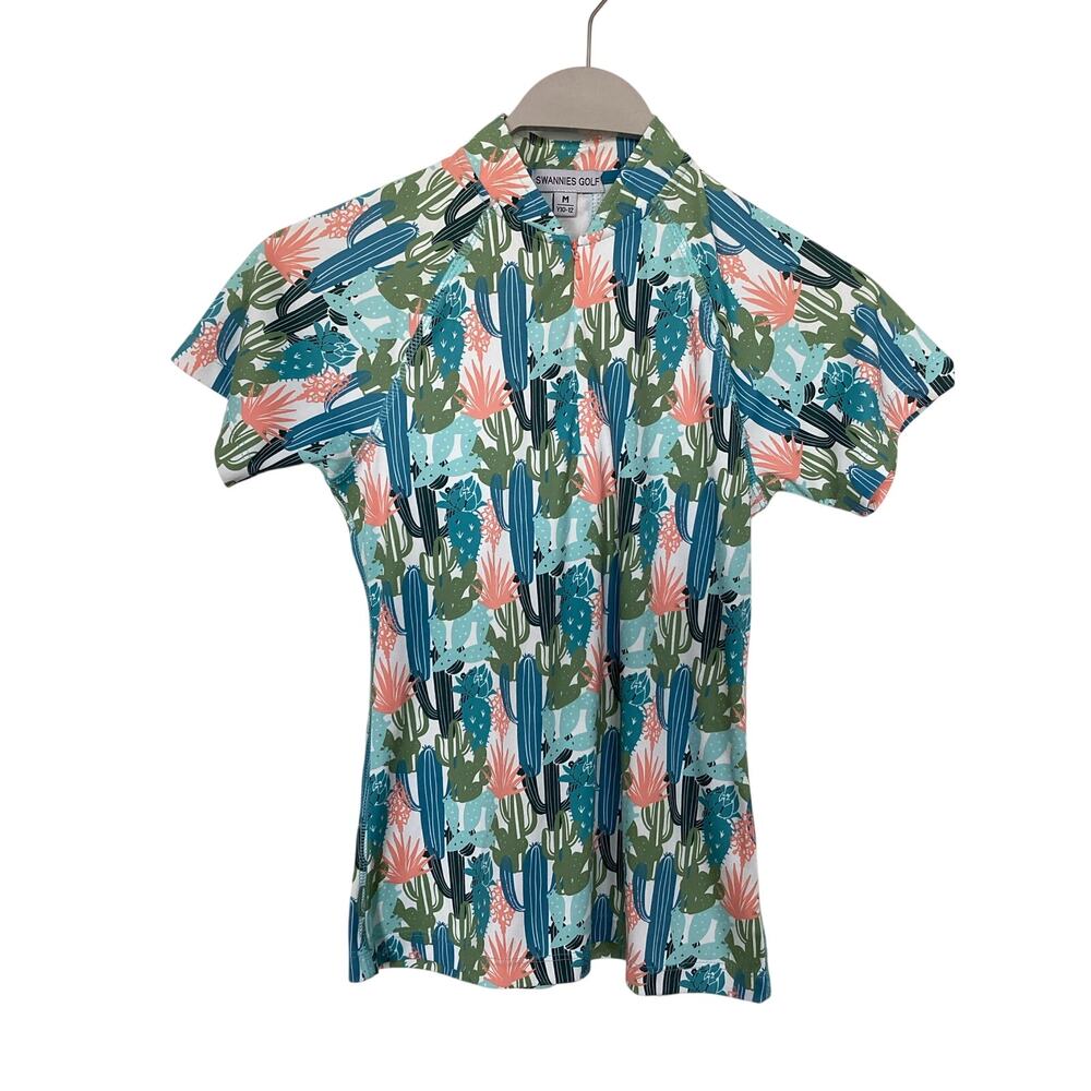 Swannie‎ Girls Youth Golf Top - Green Cactus Print Quarter Zip